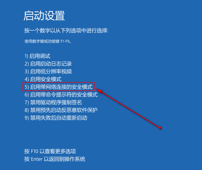 选择“启用带网络连接的安全模式”