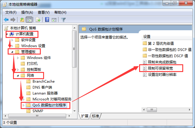 找到“计算机配置→管理模板→网络→QoS数据包调度程序”选项